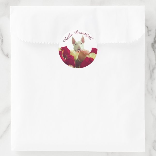 Bull terrier with roses - Hello Beautiful Classic Round Sticker (Bag)