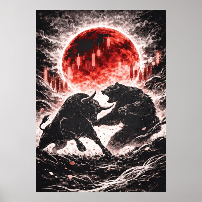 Bull vs Bear Market in Red Moon Forest - Japanese  Poster (Front)