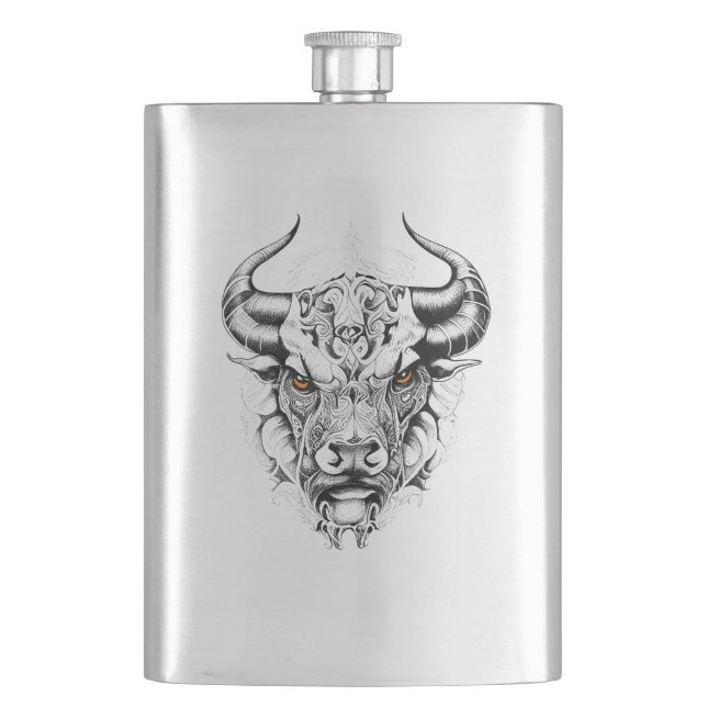 Bull Wild Animal Nature Illustration Art Tattoo Flask (Front)
