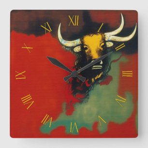 Bull with 3 horns square wall clock