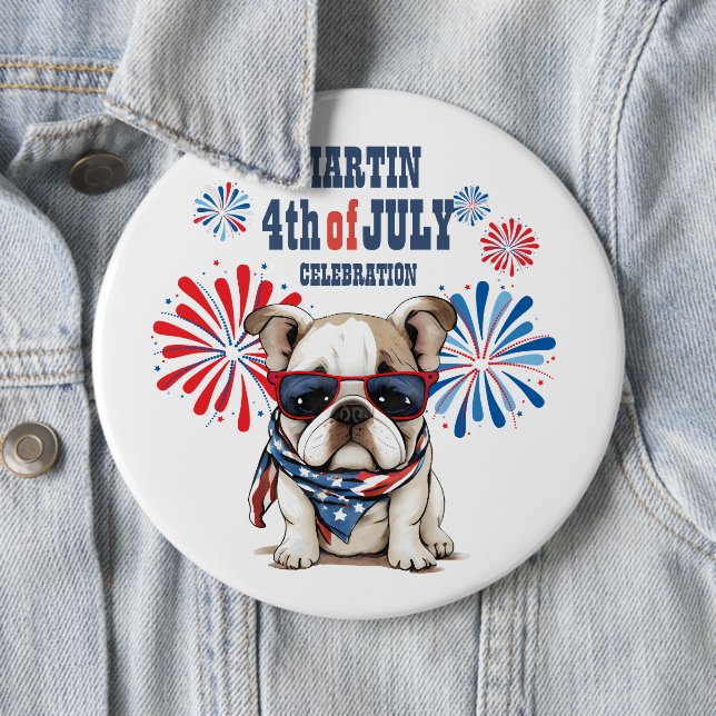 Bulldog 4th July Independence Day Red White Blue Button (In Situ)