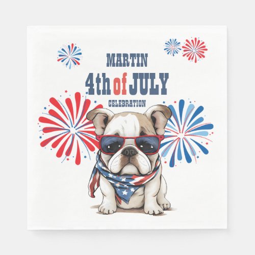 Bulldog 4th July Independence Day Red White Blue Napkins