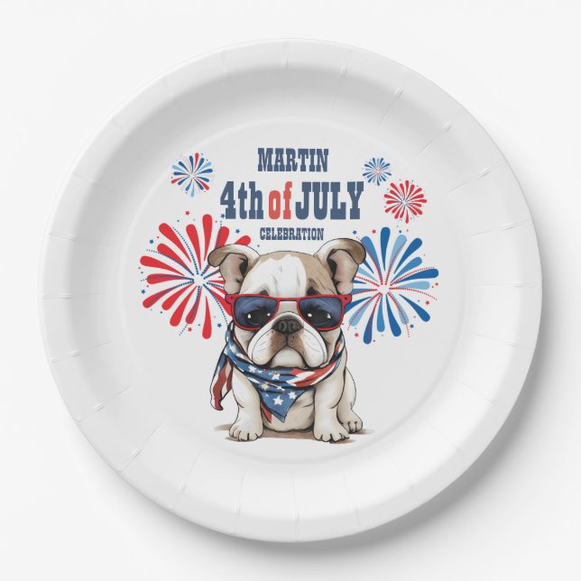 Bulldog 4th July Independence Day Red White Blue Paper Plates (Front)