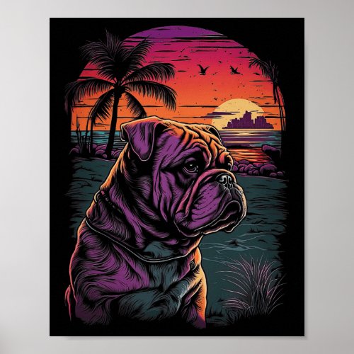 Bulldog 80s Sunset Vintage Retro Style 1  Poster