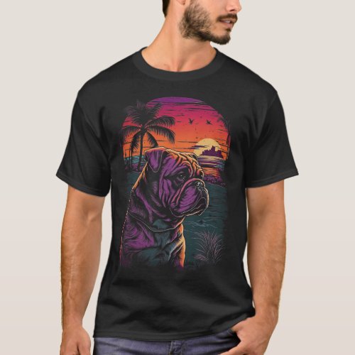 Bulldog 80s Sunset Vintage Retro Style 1  T_Shirt