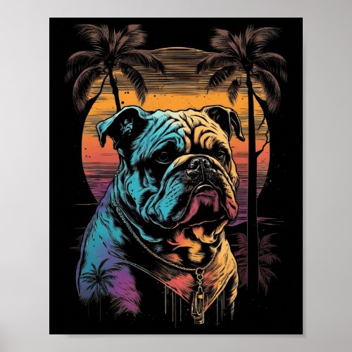 Bulldog 80s Sunset Vintage Retro Style  Poster