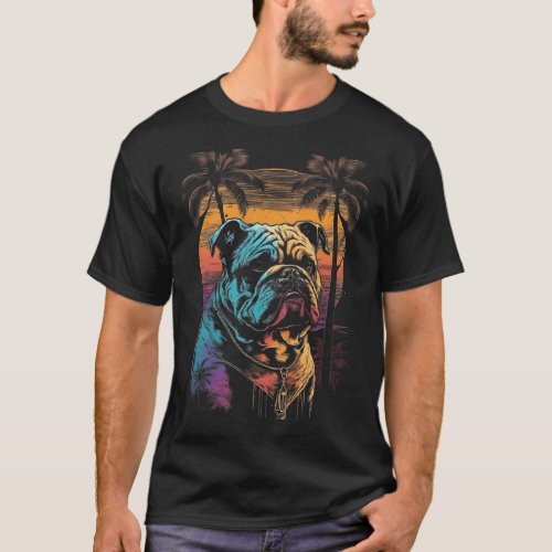 Bulldog 80s Sunset Vintage Retro Style  T_Shirt