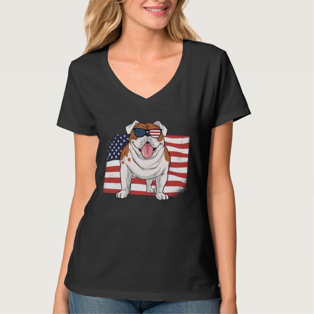 Bulldog American Flag 4th of July USA Independence T-Shirt (Front)