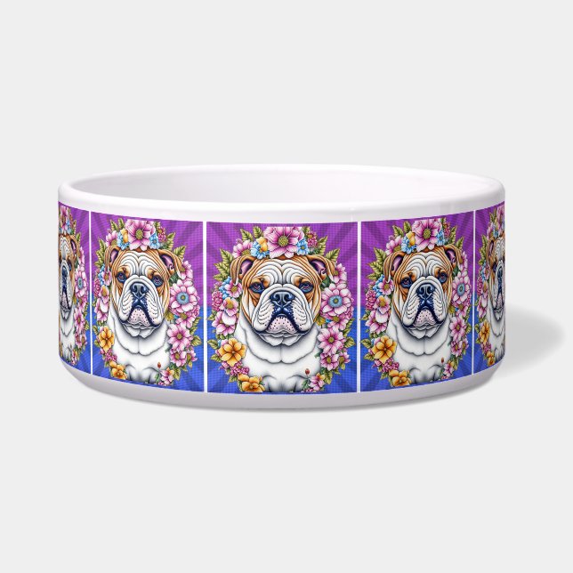 Bulldog and Whimsical Flowers Bowl (Front)
