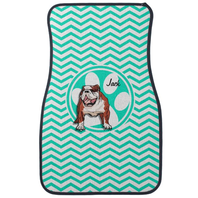 Bulldog; Aqua Green Chevron Car Floor Mat (Front)