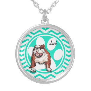 Bulldog; Aqua Green Chevron Silver Plated Necklace