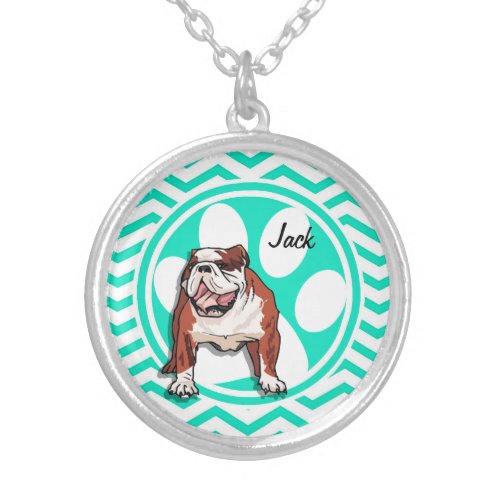 Bulldog Aqua Green Chevron Silver Plated Necklace