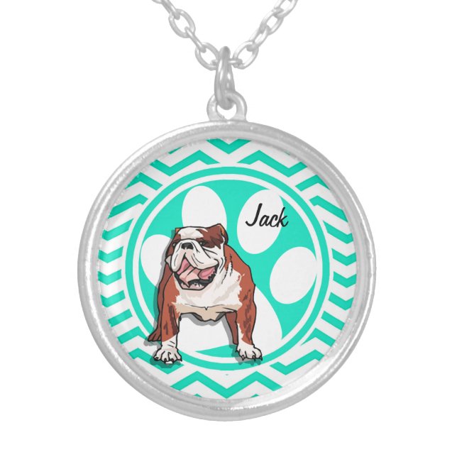 Bulldog; Aqua Green Chevron Silver Plated Necklace (Front)