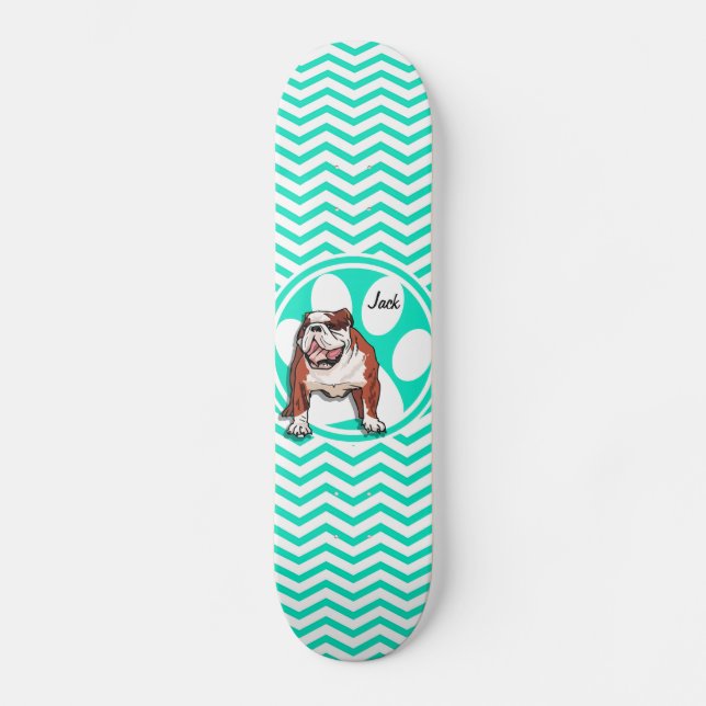 Bulldog; Aqua Green Chevron Skateboard Deck (Front)