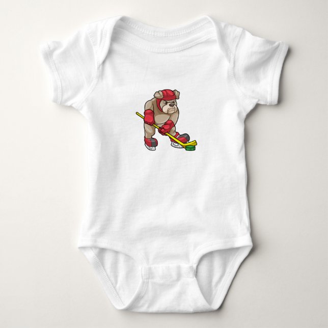 Bulldog at Ice hockey with Hockey stick Baby Bodysuit (Front)
