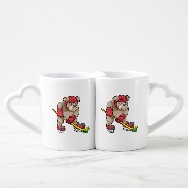 Bulldog at Ice hockey with Hockey stick Coffee Mug Set (Front Nesting)