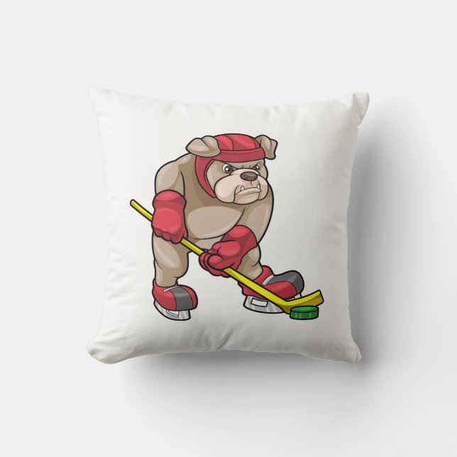 Bulldog at Ice hockey with Hockey stick Throw Pillow (Front)