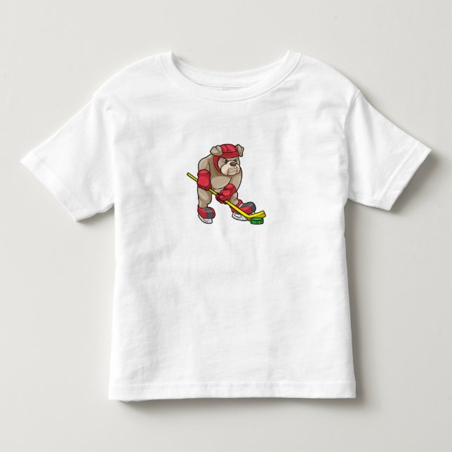 Bulldog at Ice hockey with Hockey stick Toddler T-shirt (Front)