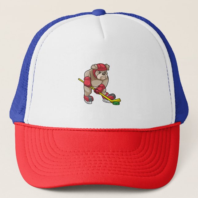 Bulldog at Ice hockey with Hockey stick Trucker Hat (Front)