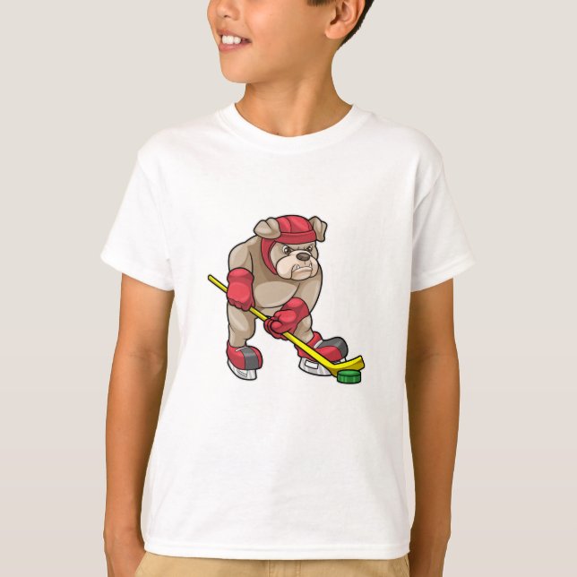 Bulldog at Ice hockey with Ice hockey stick T-Shirt (Front)