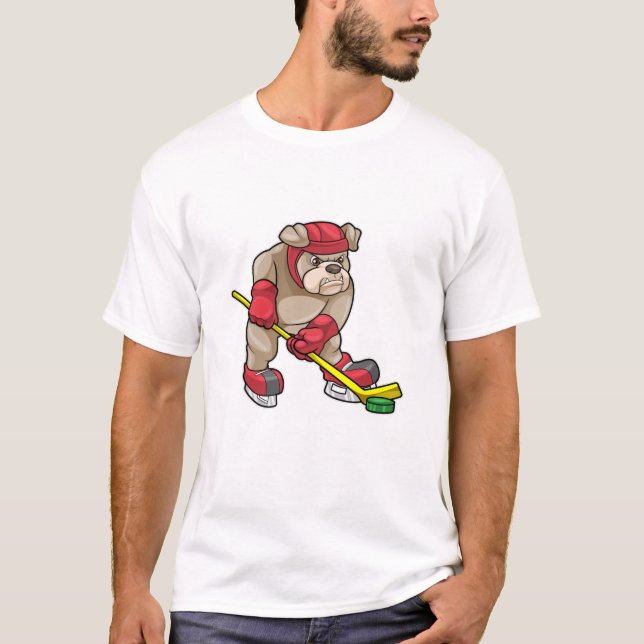 Bulldog at Ice hockey with Ice hockey stick T-Shirt (Front)