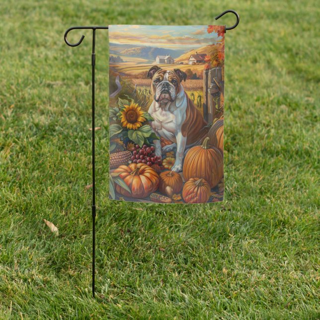 Bulldog Autumn Harvest Thanksgiving Garden Flag (In SItu)