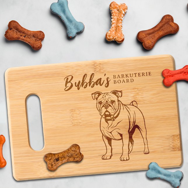 Bulldog Barkuterie Dog Treat Wood Engraved Cutting Board (Bulldog Dog Cutting Board Barkuterie Personalized with Dog's Name, Gift for Dog Mom, Dad, Owner)