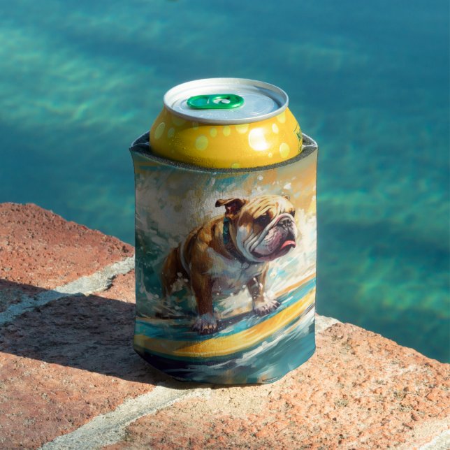 Bulldog Beach Surfing Painting Can Cooler (In Situ Pool)