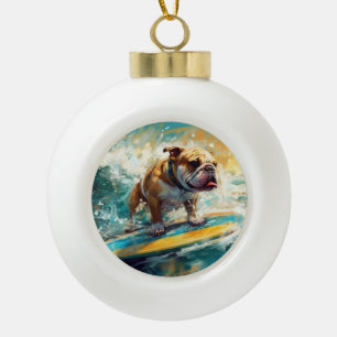 Bulldog Beach Surfing Painting Ceramic Ball Christmas Ornament
