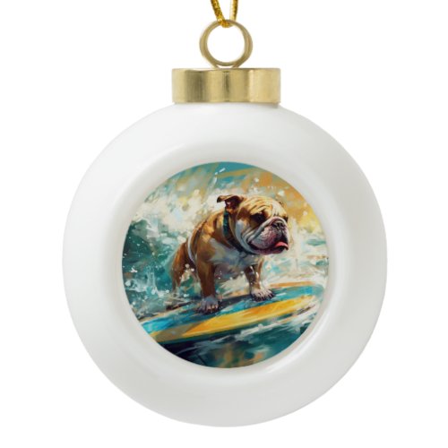 Bulldog Beach Surfing Painting Ceramic Ball Christmas Ornament