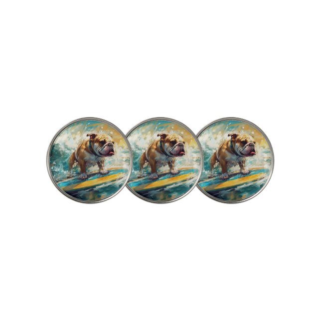 Bulldog Beach Surfing Painting Golf Ball Marker (3 Up)