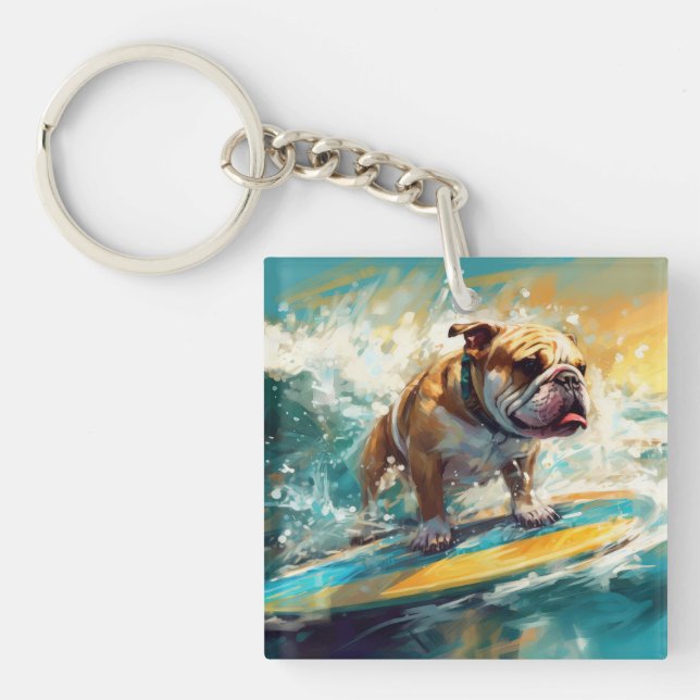 Bulldog Beach Surfing Painting Keychain (Front)