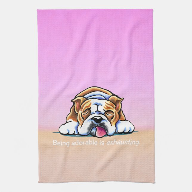 Bulldog Being Adorable Pink Off-Leash Art™ Towel (Vertical)