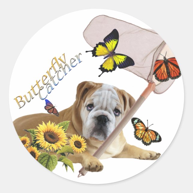 Bulldog Butterfly Catcher products Classic Round Sticker (Front)