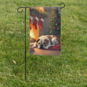 Bulldog by the Fireplace Christmas Painting Garden Flag