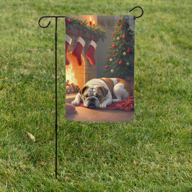 Bulldog by the Fireplace Christmas Painting Garden Flag (In SItu)