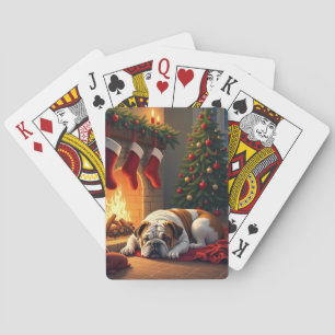 Bulldog by the Fireplace Christmas Painting Poker Cards