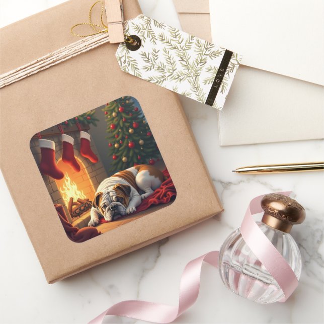 Bulldog by the Fireplace Christmas Painting Square Sticker (Gifting)