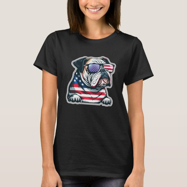 Bulldog Celebrating USA with The Flag on 4th T-Shirt (Front)
