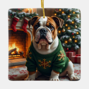 Bulldog Christmas Art Ceramic Ornament