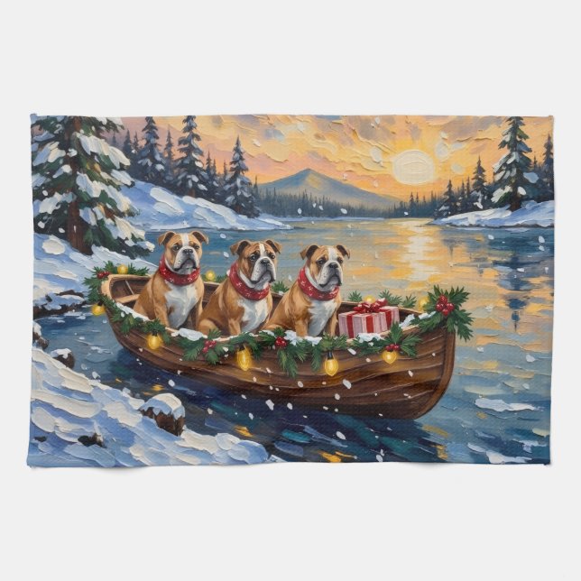 Bulldog Christmas Boat Holiday Kitchen Towel (Horizontal)
