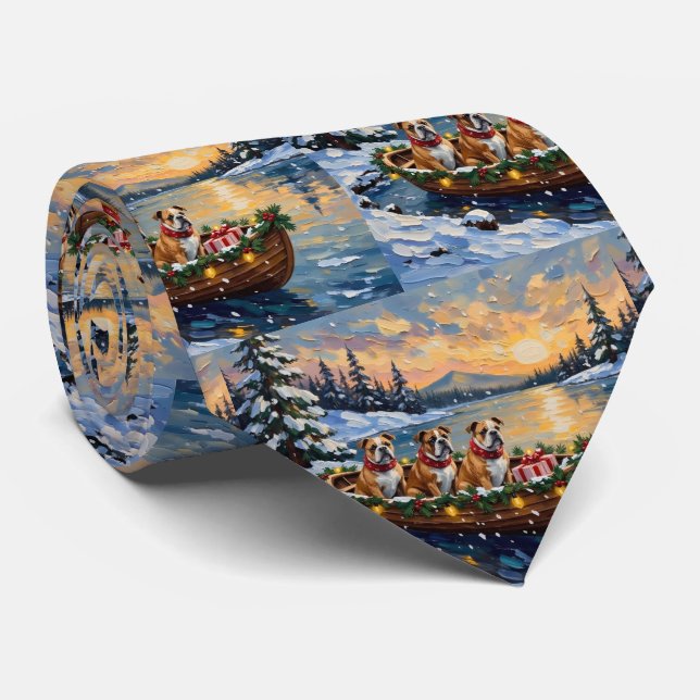 Bulldog Christmas Boat Holiday Neck Tie (Rolled)