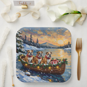Bulldog Christmas Boat Holiday Paper Plates