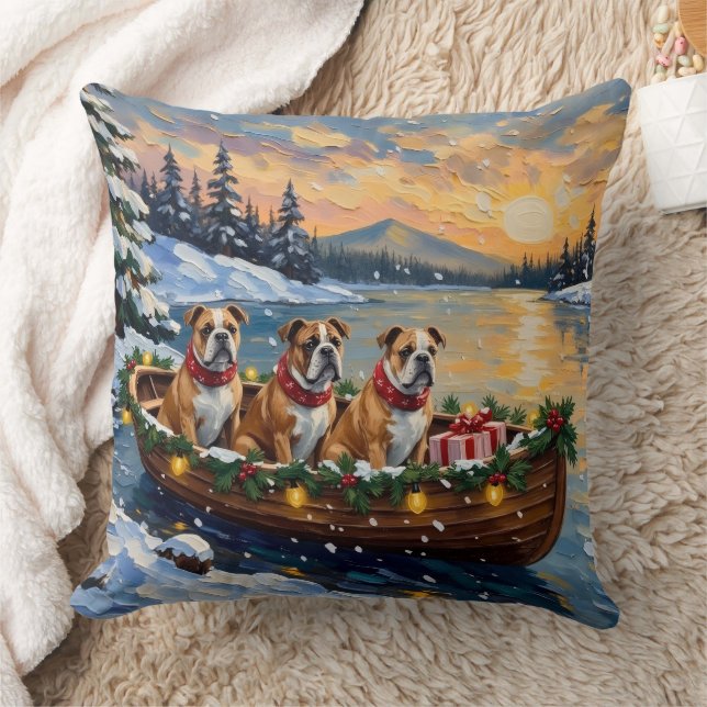 Bulldog Christmas Boat Holiday Throw Pillow (Blanket)