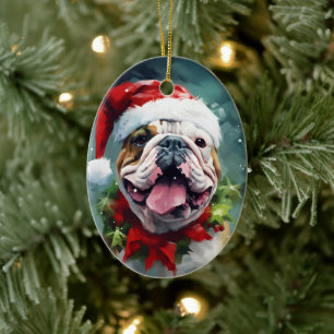 Bulldog Christmas brush painting artwork Ceramic Ornament