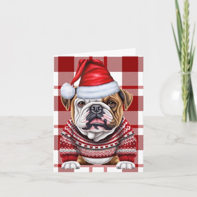 Bulldog Christmas Dog Red Plaid Christmas Holiday Card (Front)