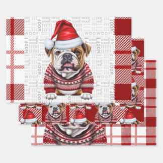 Bulldog Christmas Dog Red White Plaid Wrapping Paper Sheets