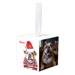 Bulldog Christmas Dog Two Photo Holiday Cube Ornament