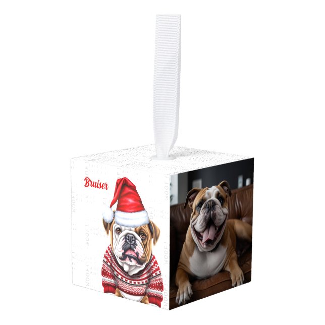 Bulldog Christmas Dog Two Photo Holiday Cube Ornament (Front Angled)