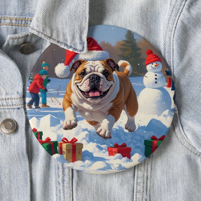 Bulldog Christmas Festive Snow Scene Button (In Situ)